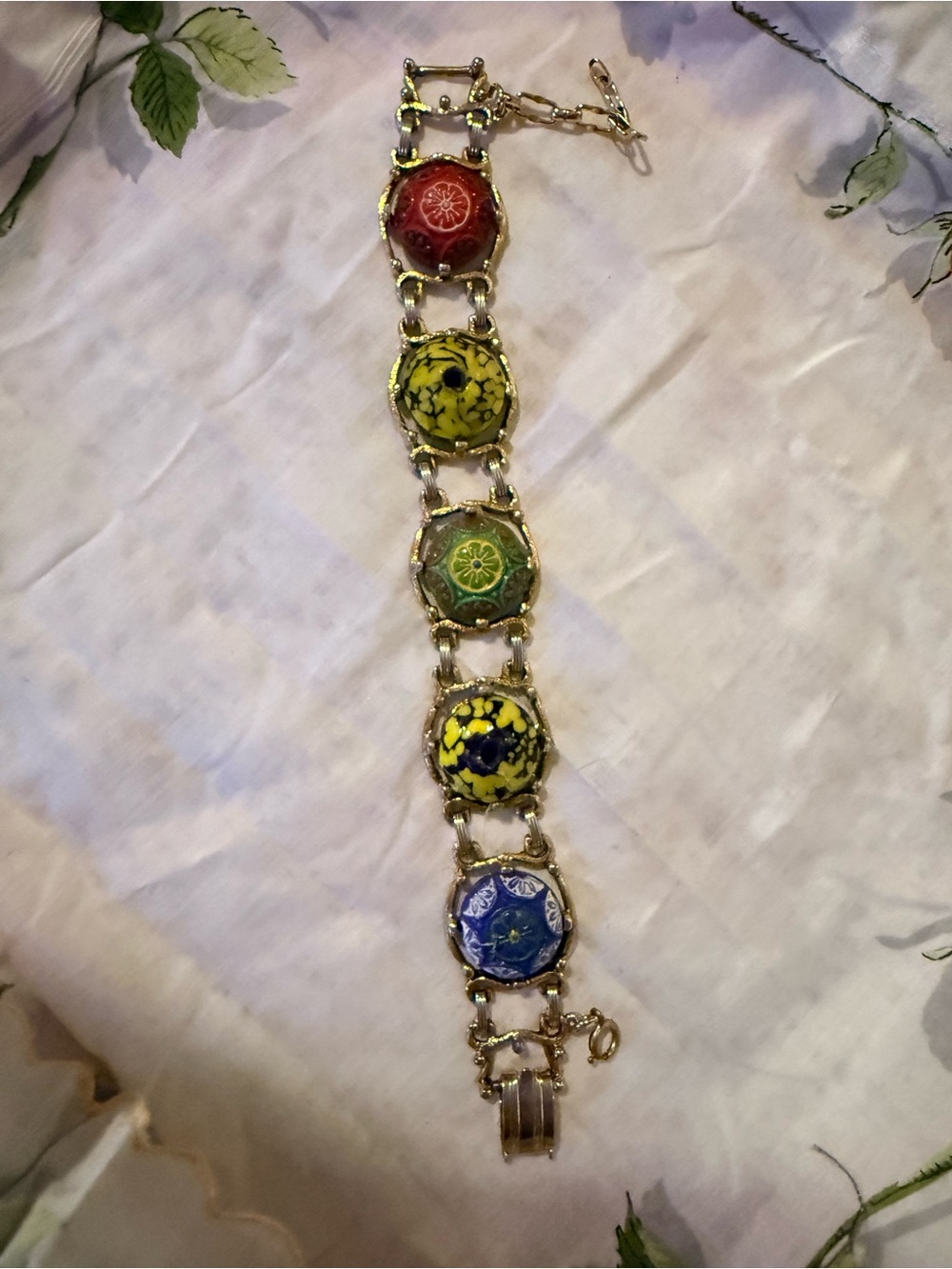 Multicolor Enamel Disc Link Bracelet with Gold-Tone Chain
